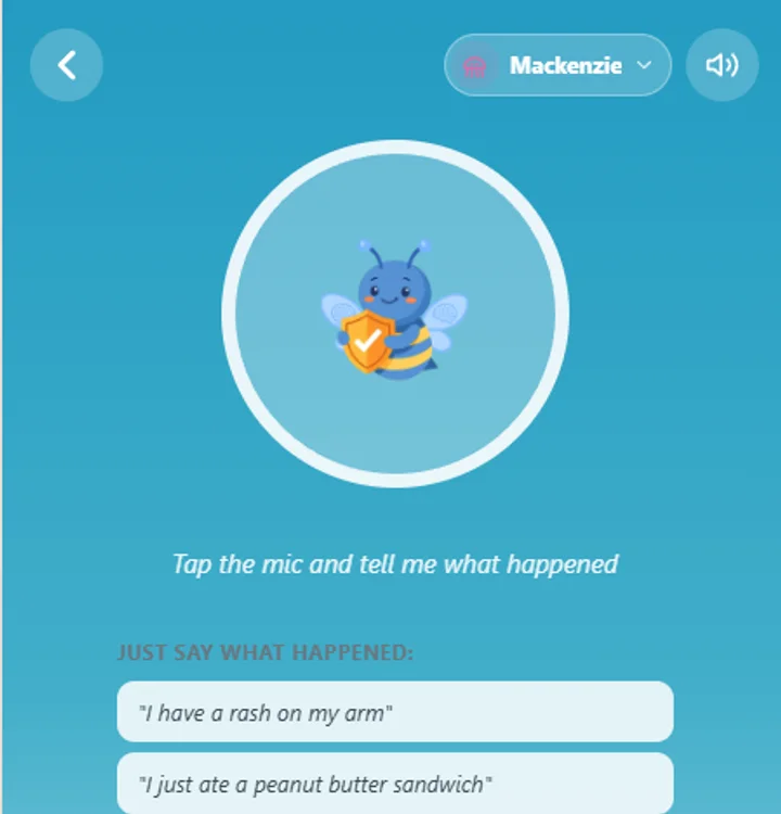 The Bea voice screen in Immuny, with sample phrases such as 'I have a rash on my arm'.