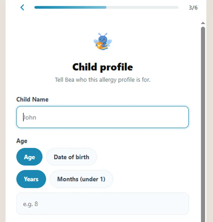 The Immuny child profile screen, with fields for a name and age.