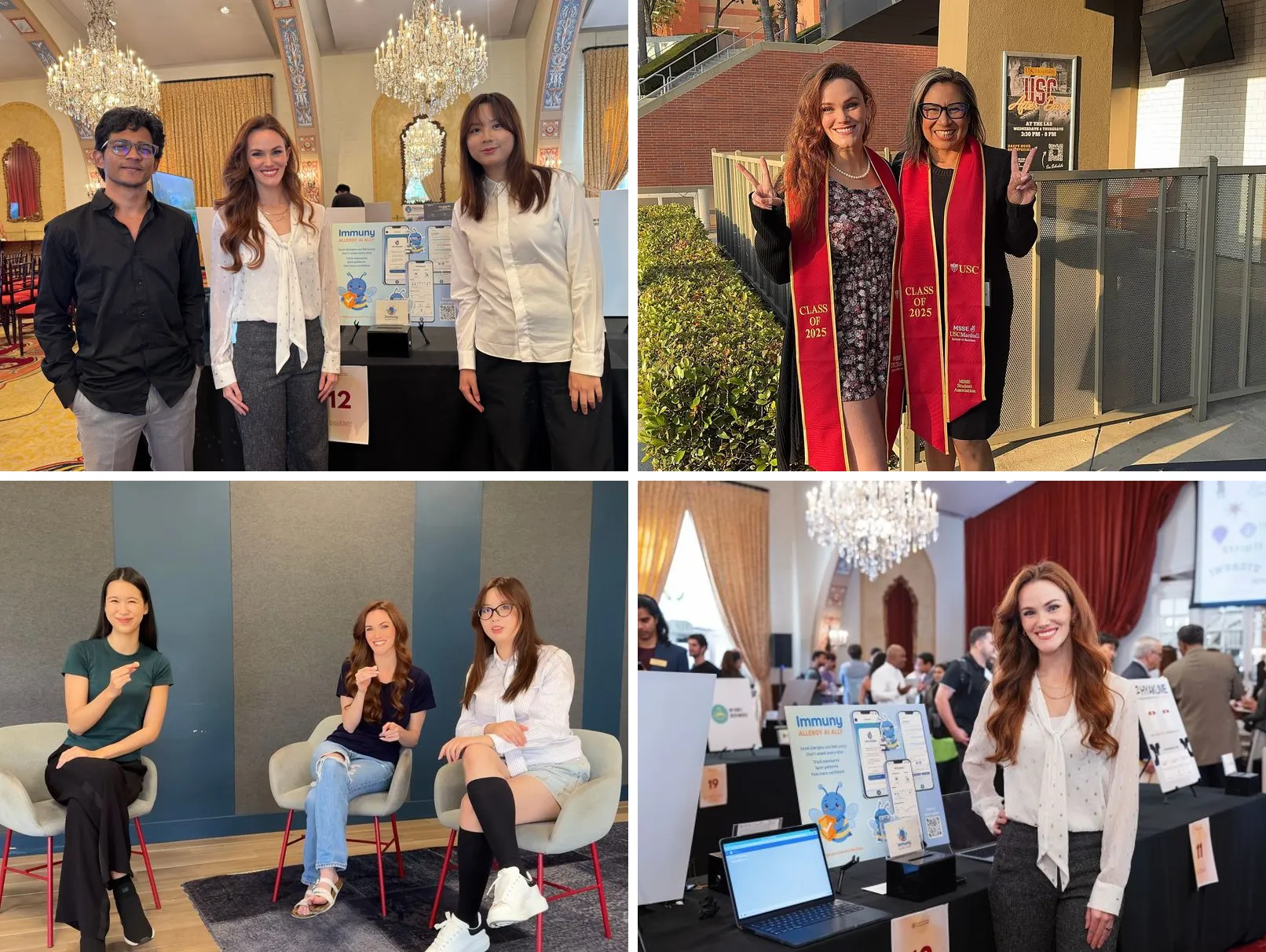 Four photos of the Immuny team: presenting at a pitch event, at USC graduation, in a studio session, and at the Immuny booth.
